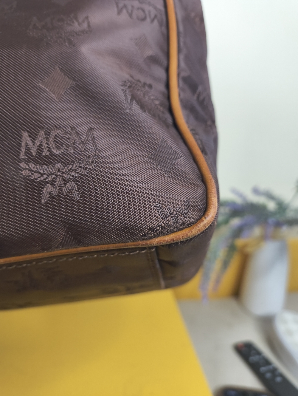 MCM Brown Logo Canvas Shoulder Tote with Gold Chain Handles - Picture 11 of 15